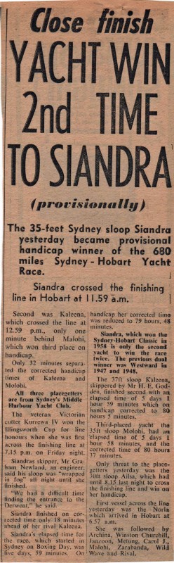 Close finish Yacht Win 2nd Time to Siandra Hobart 1960