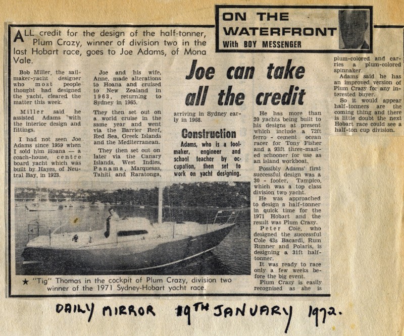Joe Adams Can take all the credit - Plum Crazy Daily Mirror 19th Jan 1972. By Boy Messenger