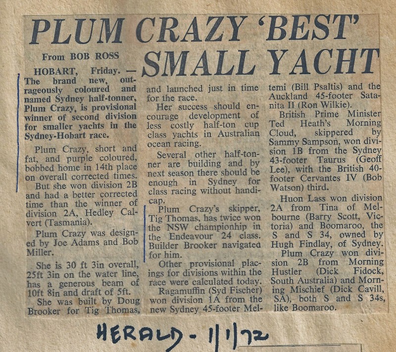 Plum Crazy Best Small Yacht - Herald 1 Jan 1972