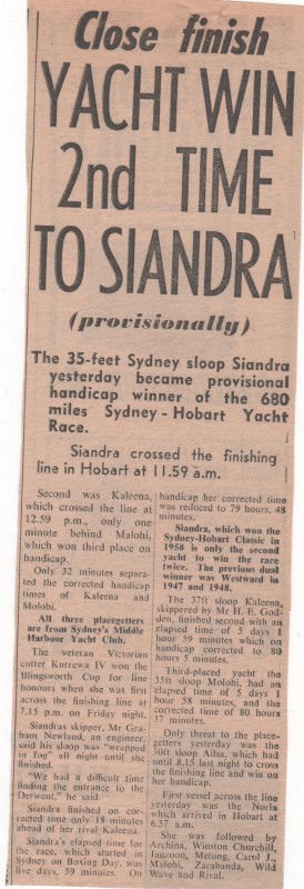 Yacht Win 2nd Time to Siandra Hobart 1960