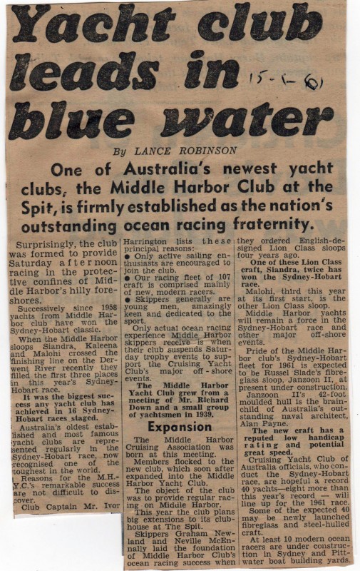 Middle Harbour Yacht Club leads in the Blue Water 1961