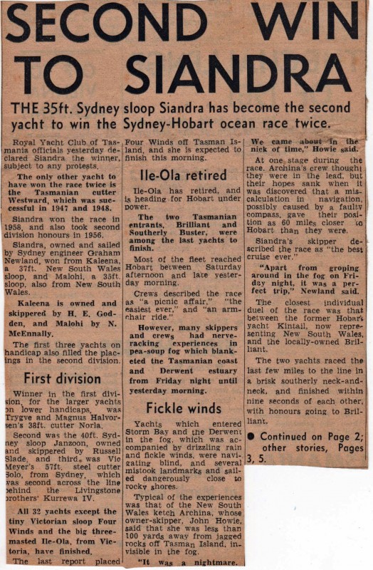 Second Win to Siandra Hobart 1960