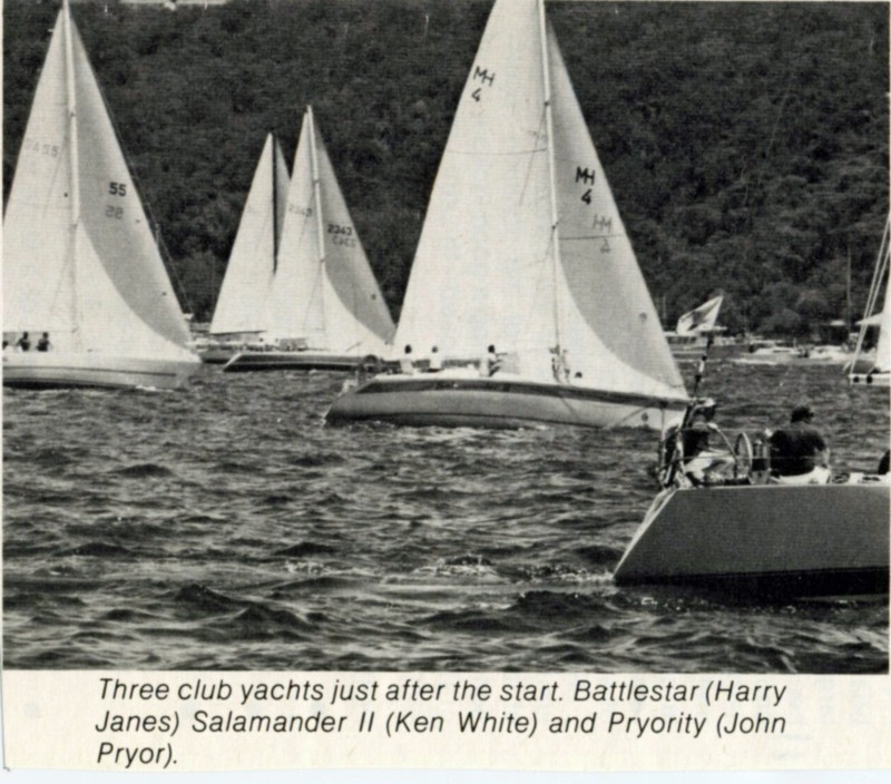 Three club Yachts just after the start. Battlestar (Harry Janes), Salamander II (Ken White) and Pryority (John Pryor).